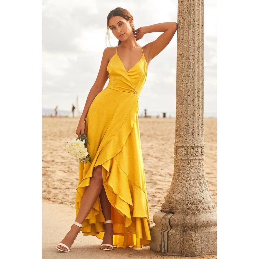 Lulu's In Love Forever Mustard Yellow Satin Lace-Up